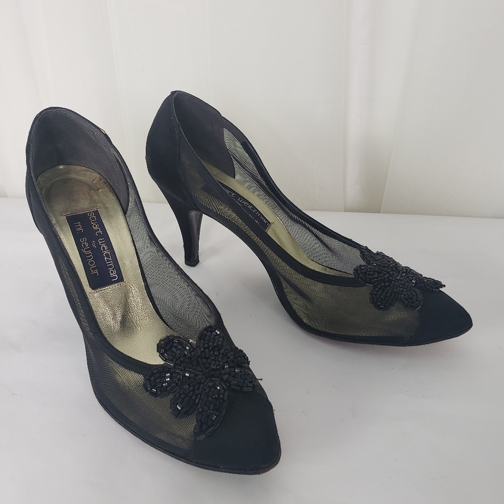 Vintage Stuart Weitzman for Mr. Seymour black satin mesh beaded pumps 8.5